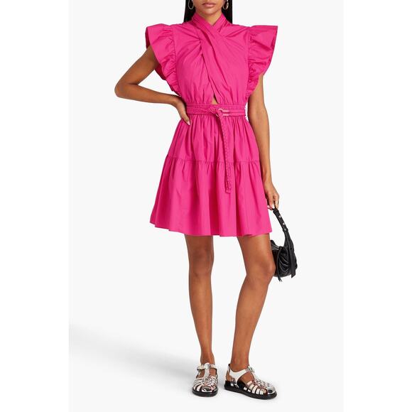 DEREK LAM 10 CROSBY Finn Pink Belted Ruffled Cotton-Poplin Mini Dress Size EU 44 - Picture 2 of 13